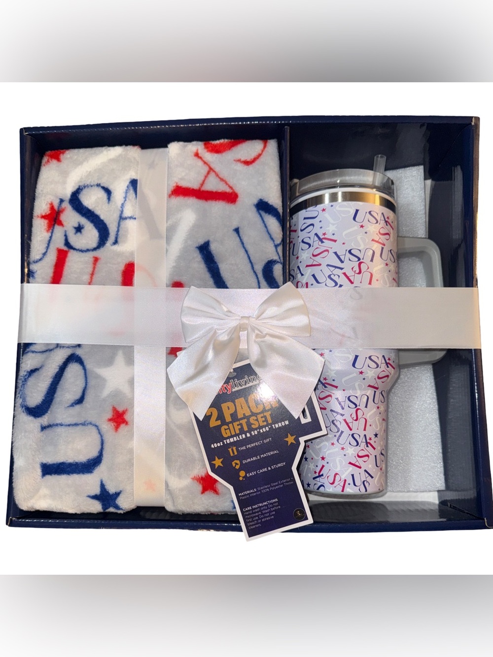 USA Print Tumbler & Fleece Throw Gift Set Patriotic Red, White & Blue
New in Box
